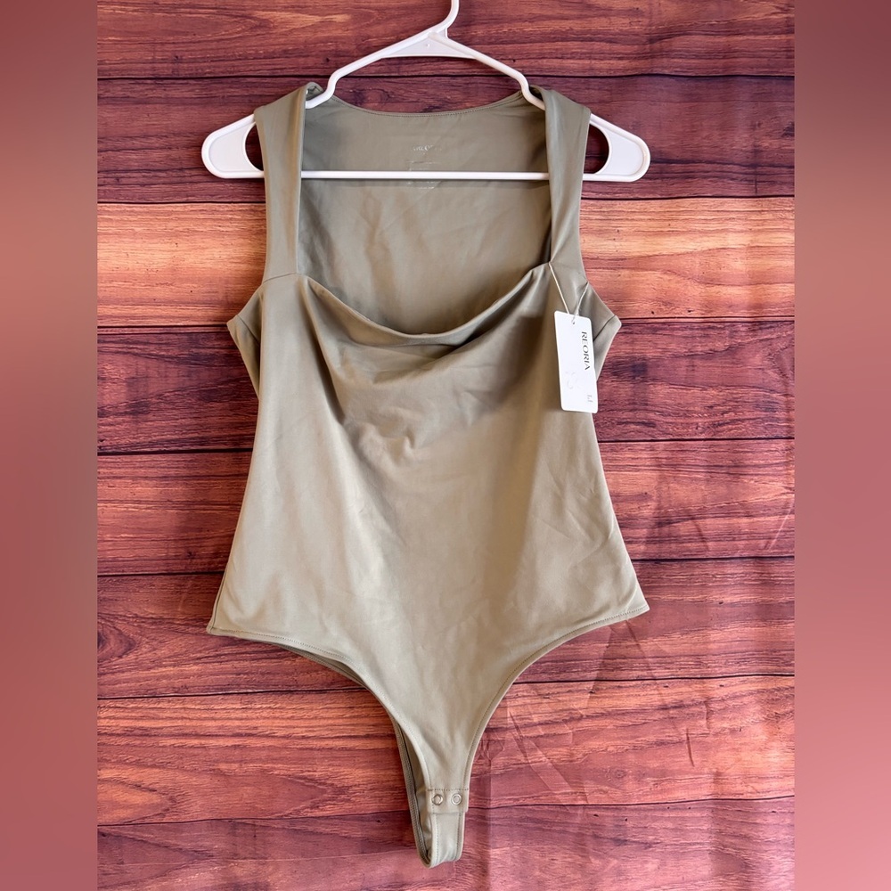 REORIA Womens Square Neck Sleeveless Bodysuit Olive Green Seamless Thong Large
